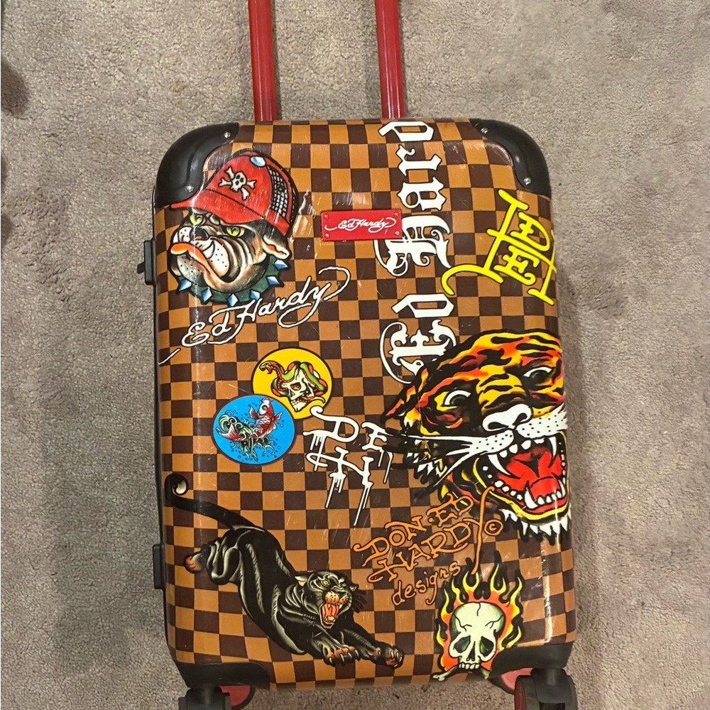 Ed Hardy Brown Checkerboard Tattoo-Graphic Rolling Carry-On